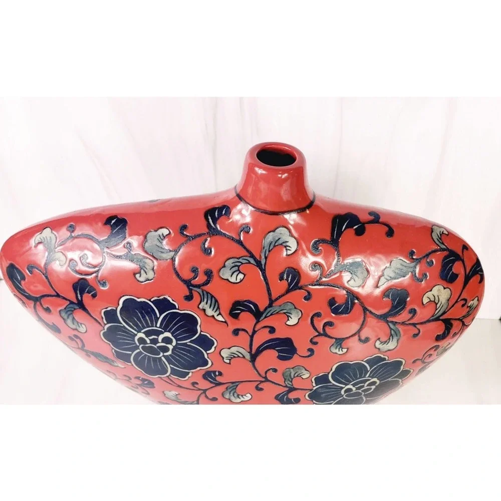 VINTAGE Lopsided Navy,  Gray & Red Floral Abstract Slim Ceramic Vase